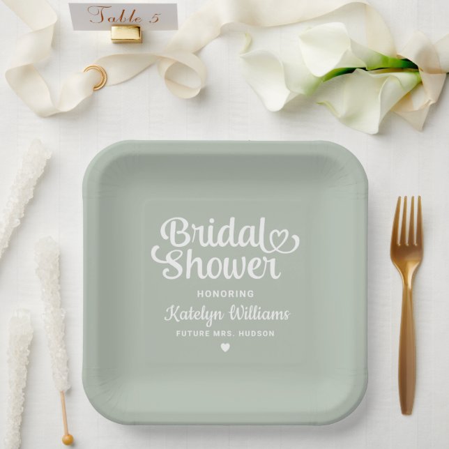 Personalized Sage Green Wedding Bridal Shower Paper Plates (Wedding)