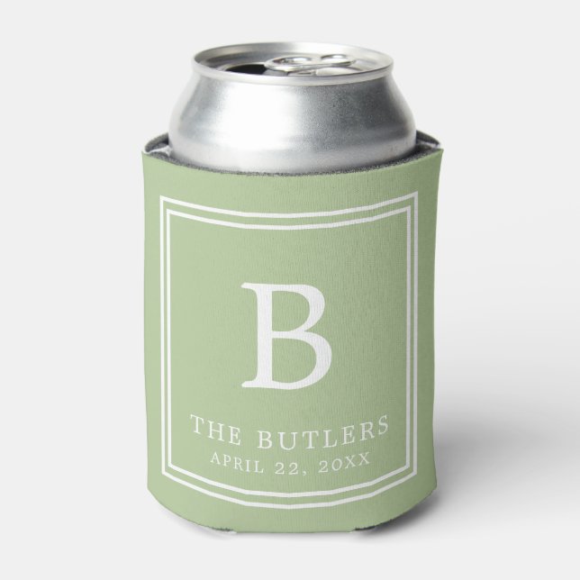 Personalized Sage Green Wedding Can Cooler (Can Front)