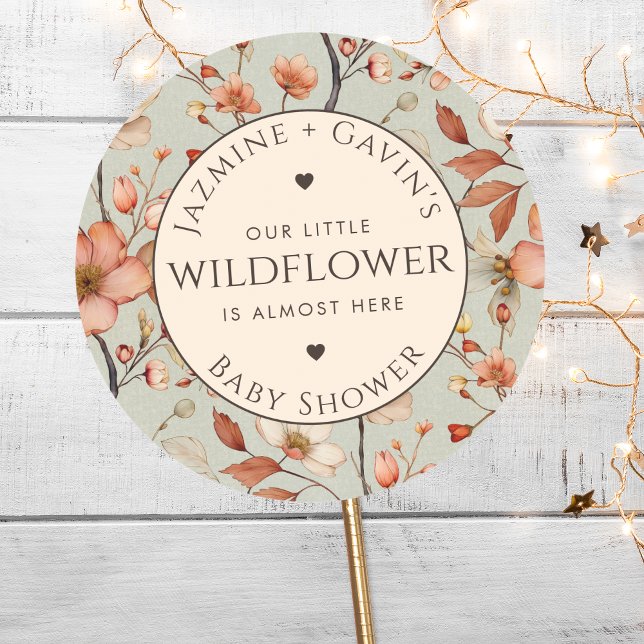 Personalized Sage Green Wildflower Baby Shower Classic Round Sticker (Creator Uploaded)