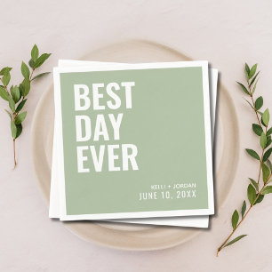 Personalized Sage Modern Best Day Ever Wedding Napkins