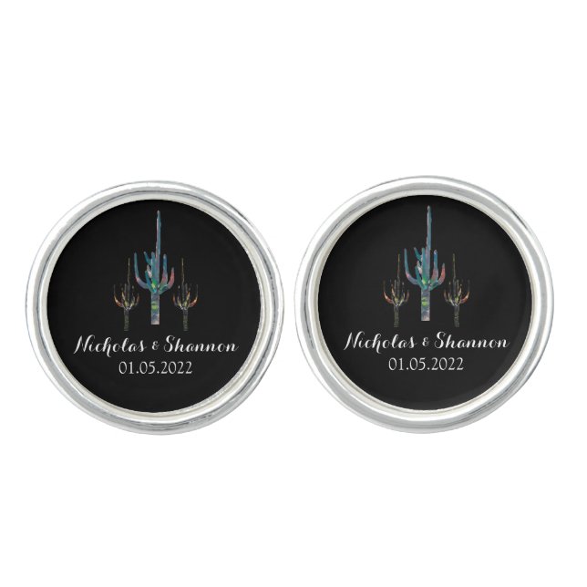 Personalized Saguaro Cactus Wedding Cufflinks (Front)