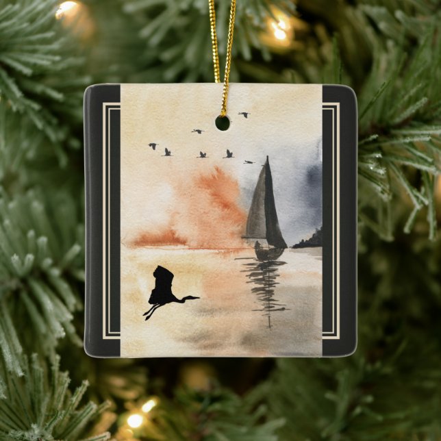 Personalized Sailboat and Birds Christmas Ceramic Ornament (Tree)