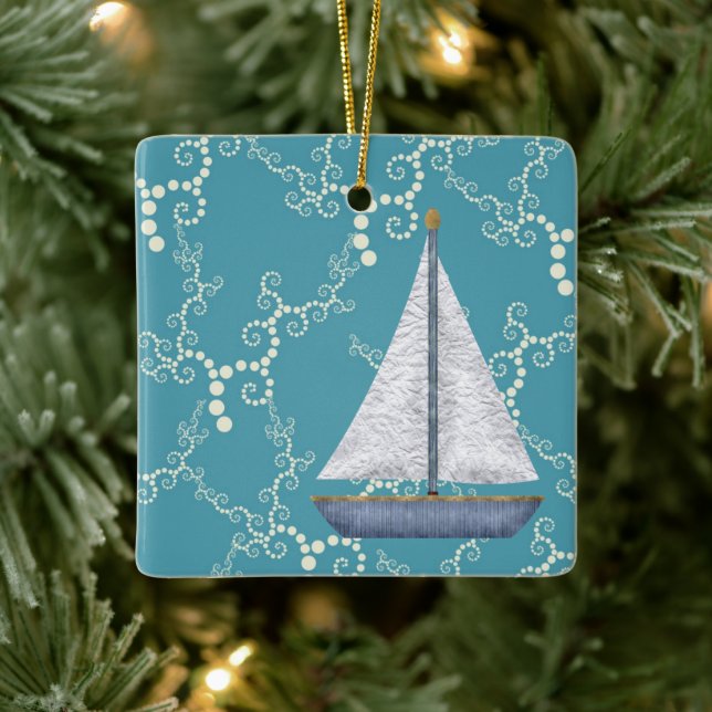 Personalized Sailboat Nautical Sailing Christmas Ceramic Ornament (Tree)