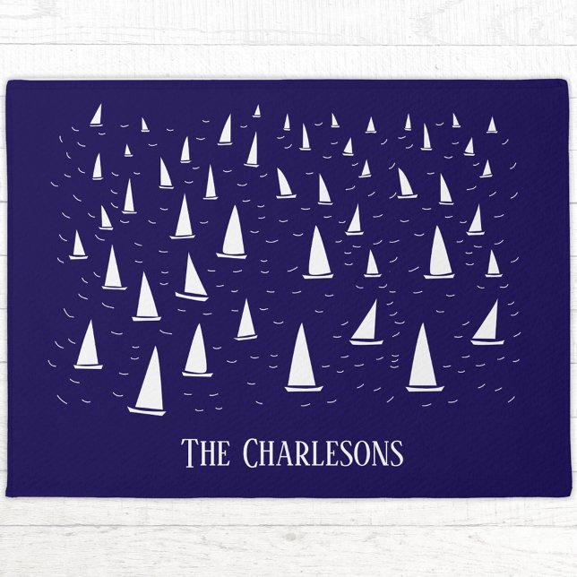 Personalized Sailing Boat Nautical Navy Blue Doormat (Personalized family name sailing boat yacht regatta navy blue doormat for boat, beach or lake house)