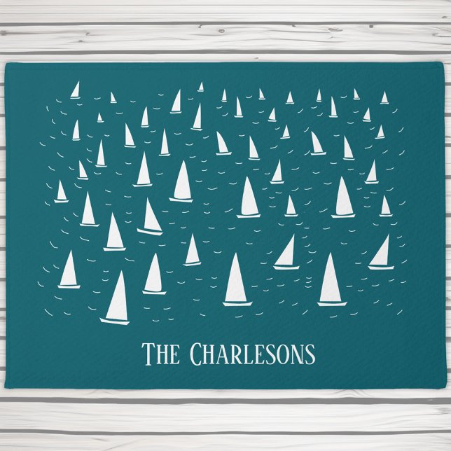 Personalized Sailing Boat Nautical Teal Green Doormat (Personalized family or boat name sailing boat regatta teal green doormat for lake or beach house)
