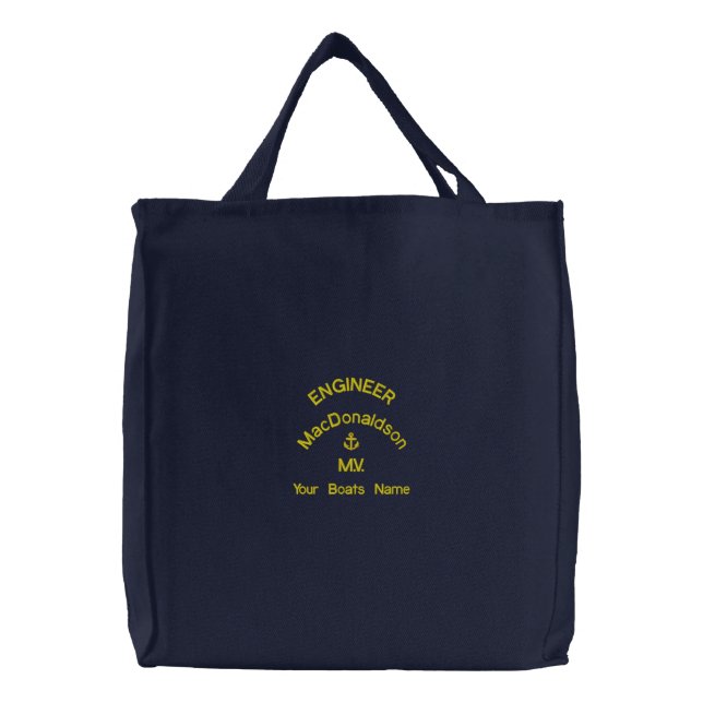 Personalized sailing engineer and boats name embroidered tote bag (Front)