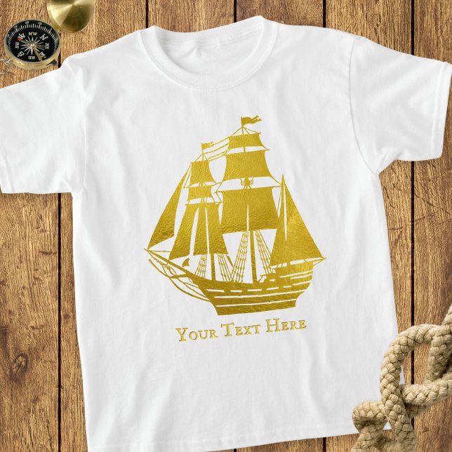 Personalized Sailing Faux Gold Nautical Tall Ship T-Shirt (A nautical T-shirt, featuring a tall ship picture in faux gold. Personalize with your own text)