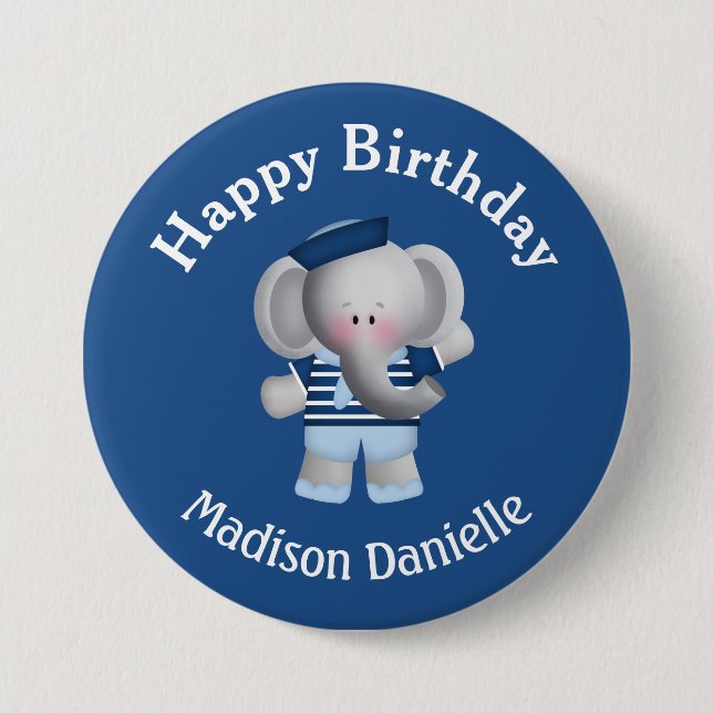 Personalized Sailor Elephant Birthday Button (Front)