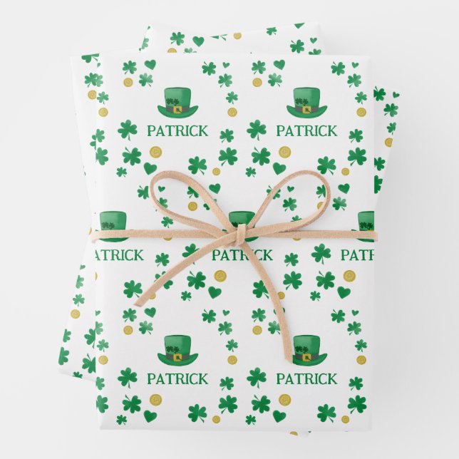 Personalized Saint Patricks Leprechaun Clover Wrapping Paper Sheets (In situ)