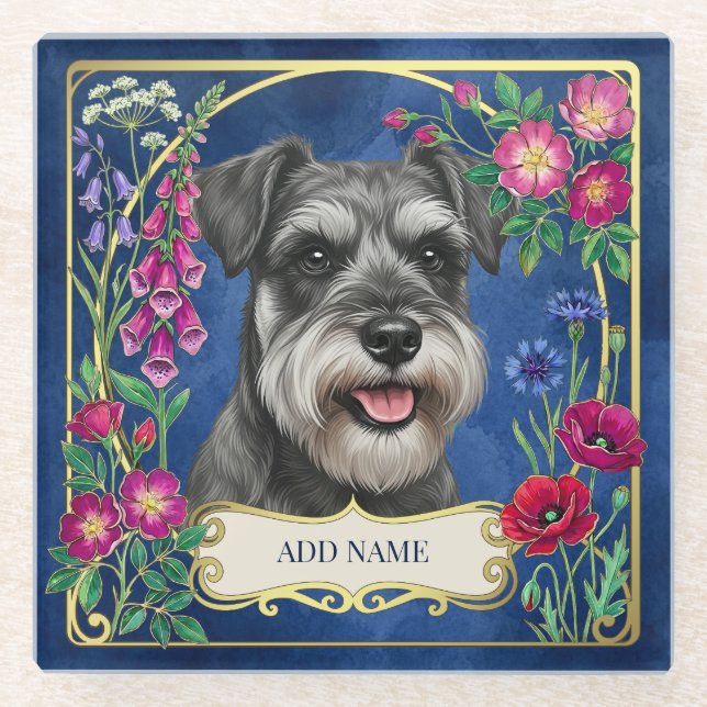 Personalized Salt & Pepper Schnauzer Blue Coaster (Front)