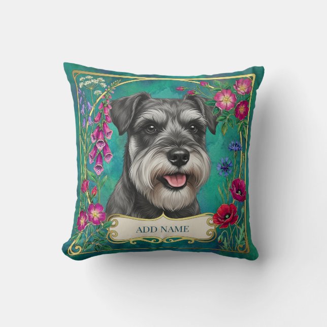 Personalized Salt & Pepper Schnauzer Teal Cushion (Front)