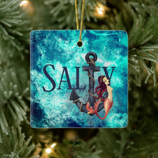 Personalized Salty Mermaid and Anchor Christmas Ceramic Ornament (Tree)