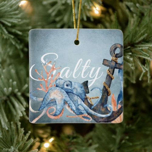 Personalized Salty Octopus Anchor Beach Christmas Ceramic Ornament