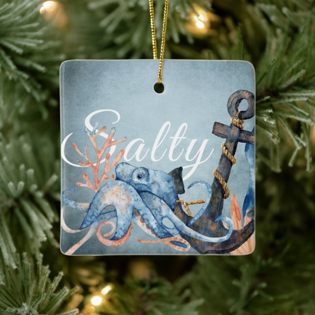 Personalized Salty Octopus, Anchor Beach Christmas Ceramic Ornament (Tree)