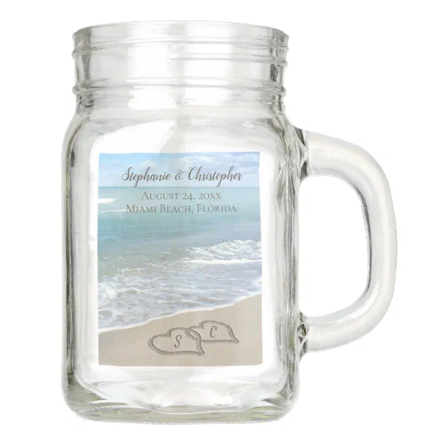 Personalized Sand Hearts on the Beach Mason Jar | Zazzle