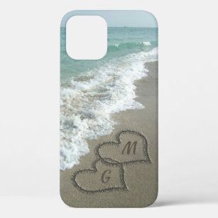 Personalized Sand Hearts on the Beach Romantic iPhone 12 Case