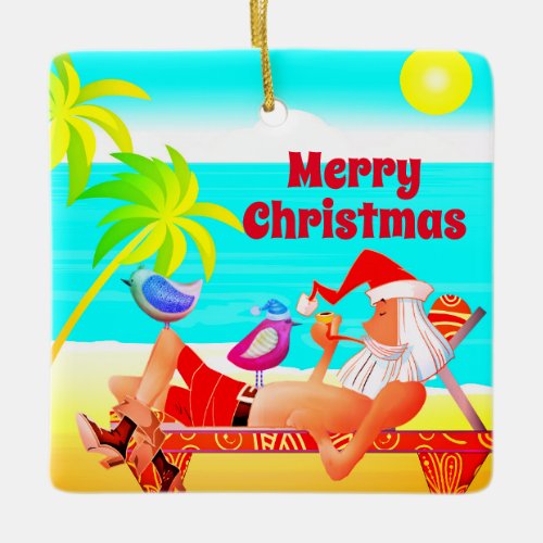 Personalized Santa and Birds Beach Merry Christmas Ceramic Ornament