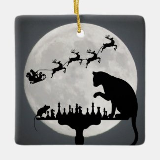 Personalized Santa and Full Moon Cat n Mouse Chess Ceramic Ornament