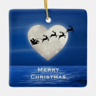 Personalized Santa and Heart Moon Beach Christmas Ceramic Ornament