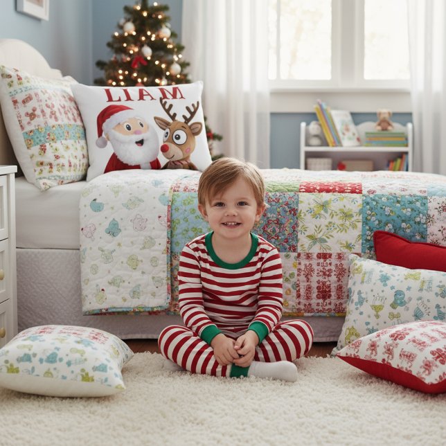 Personalized Santa and Reindeer Christmas Accent Pillow (Creator Uploaded)