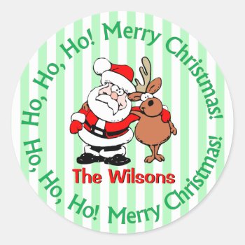 Personalized Santa And Reindeer Christmas Classic Round Sticker by elizme1 at Zazzle