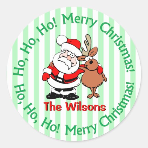 Personalized Santa and Reindeer Christmas Classic Round Sticker