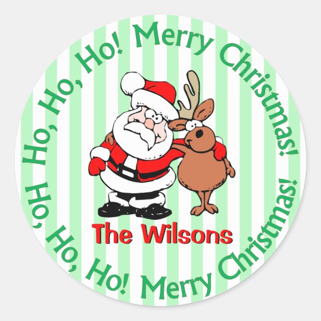 Personalized Santa and Reindeer Christmas Classic Round Sticker (Front)