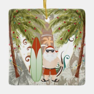 Personalized Santa and Surfboard Beach  Christmas Ceramic Ornament