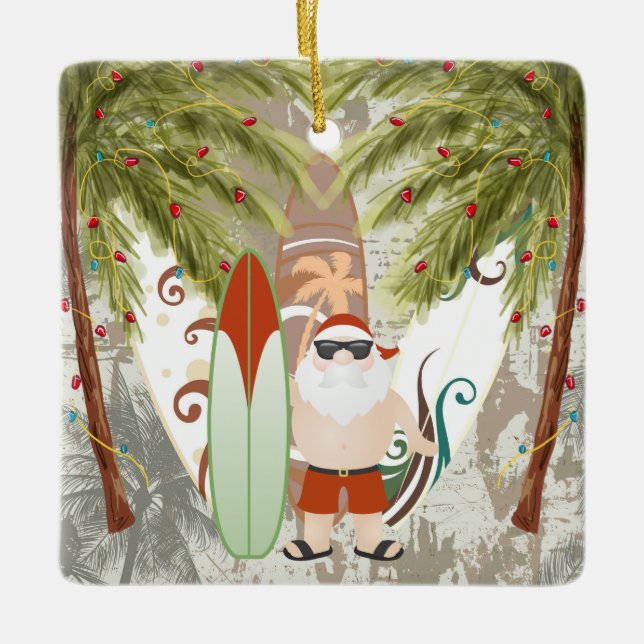 Personalized Santa and Surfboard Beach  Christmas Ceramic Ornament (Front)