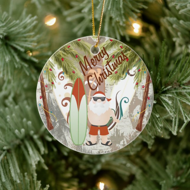 Personalized Santa and Surfboards Beach Christmas Ceramic Ornament (Tree)