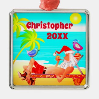 Personalized Santa and The Birds Beach Christmas Metal Ornament