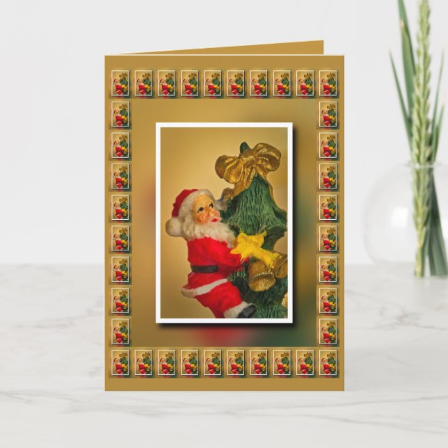 Personalized Santa atop Christmas Tree, Gold White Card (Front)