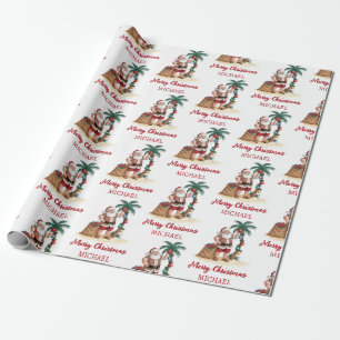 Personalized Santa Beach Tropical Hawaiian Palm    Wrapping Paper