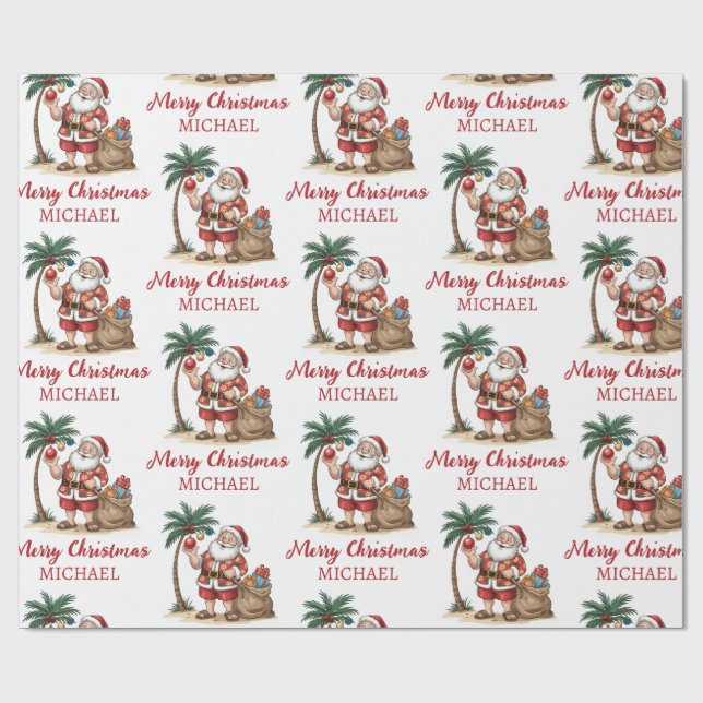 Personalized Santa Beach Tropical Hawaiian Palm    Wrapping Paper (Flat)