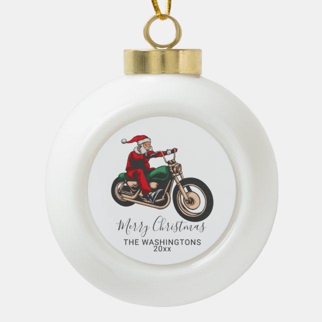 Personalized Santa Bike Rider Ceramic Ball Christmas Ornament (Front)