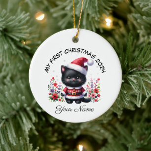 Personalized Santa Black Kitten First Christmas Ceramic Ornament