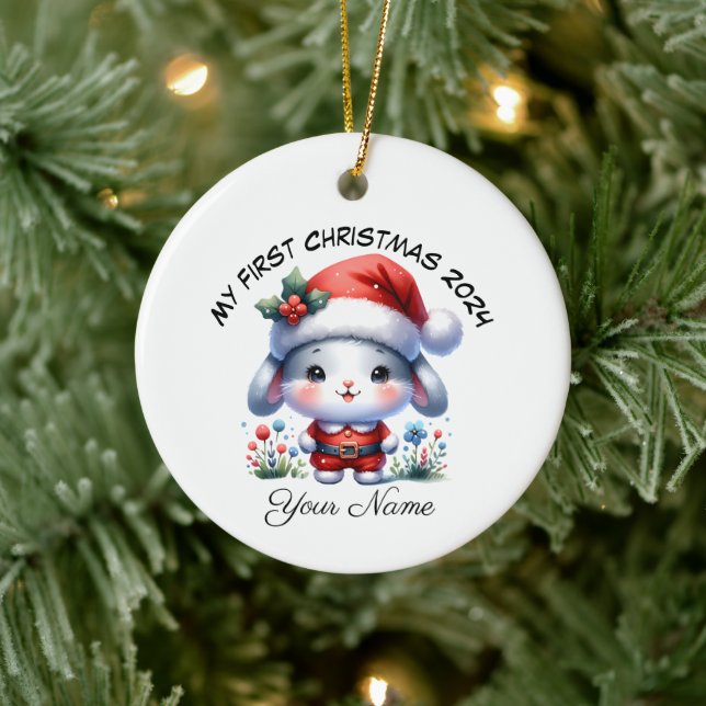 Personalized Santa Bunny First Christmas Ceramic Ornament (Tree)