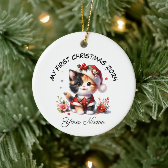 Personalized Santa Calico Kitten First Christmas Ceramic Ornament (Tree)