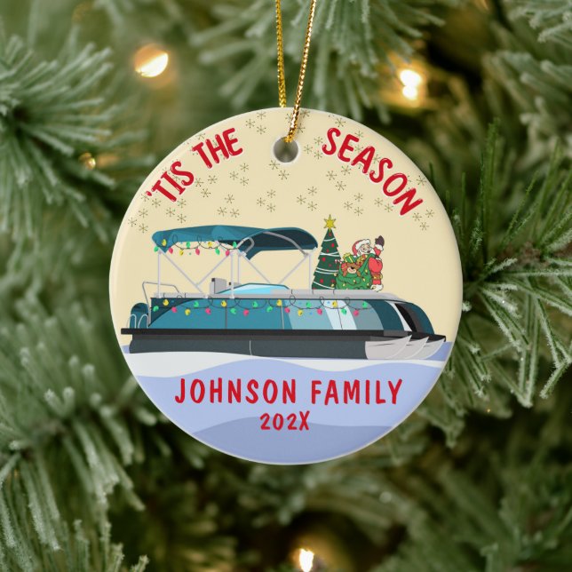 Personalized Santa Christmas Pontoon Boat Ceramic Ornament (Tree)