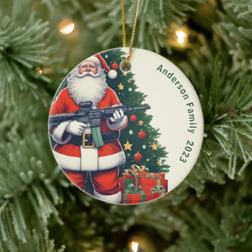 Personalized Santa Claus and AR_15 Christmas Ceramic Ornament