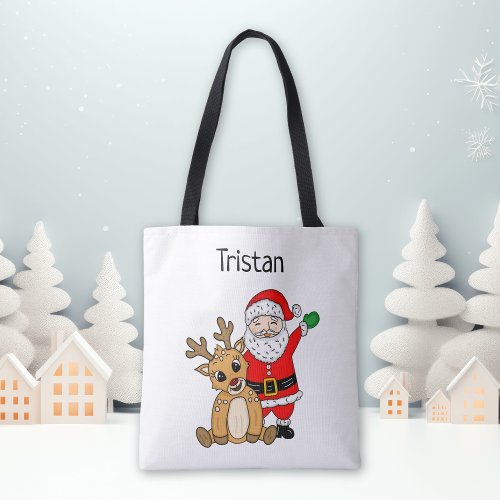 Personalized Santa Claus and Reindeer Christmas Tote Bag
