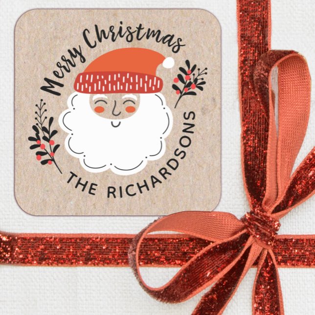 Personalized Santa Claus Christmas Square Sticker (A cute kraft Santa Claus Christmas sticker. Cute for decorating your holiday gifts.)