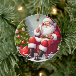 Personalized Santa Claus eating cookies Christmas Ceramic Ornament