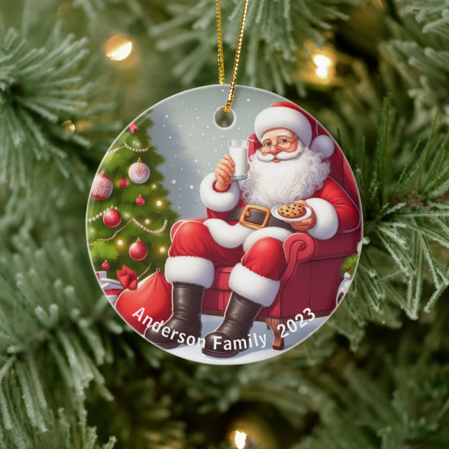 Personalized Santa Claus eating cookies Christmas Ceramic Ornament (Tree)