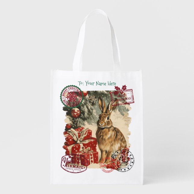 Personalized Santa Delivery Sack / Winter Rabbit Grocery Bag (Front)