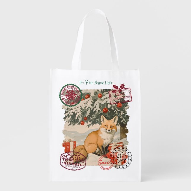 Personalized Santa Delivery Sack with Fox | Custom Grocery Bag (Front)