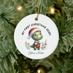 Personalized Santa Dinosaur First Christmas Ceramic Ornament