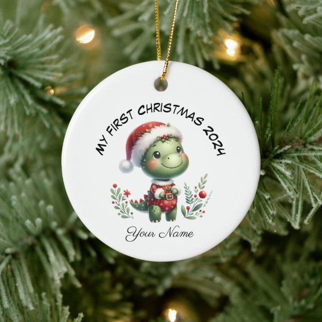 Personalized Santa Dinosaur First Christmas Ceramic Ornament (Tree)