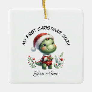Personalized Santa Dinosaur First Christmas Ceramic Ornament