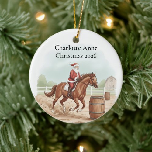 Personalized  Santa Doing Barrel Jumping Ceramic Ornament